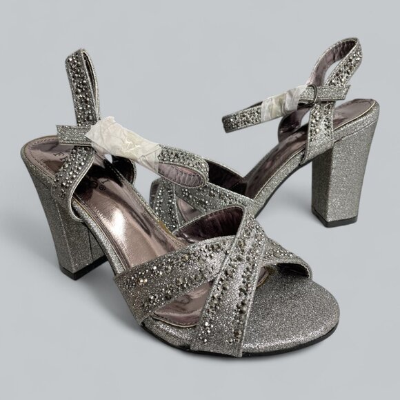 Valenti Franco Women's 7 Strappy Sandal Pewter Glitter Beaded High Heel Shoes - Picture 2 of 13